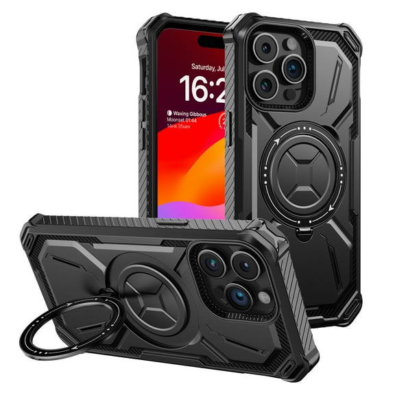 Elegant Choise Case for iPhone 15 Pro Max/15 Pro/15 Plus/15 Magnetic Heavy Duty Shockproof Phone Cover Built-in Ring Stand, Black