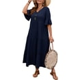 thumbnail image 5 of LWavelet Women's Plus Size Tiered Maxi Dress 3/4 Sleeve V-Neck Ruffle Cuff Casual Loose Dress Navy XL, 5 of 5