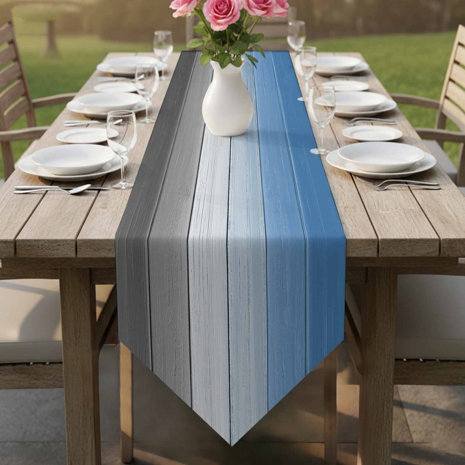 Blue Gray Ombre Table Runner Linen Burlap Table Runner 36 Inches Small Vintage Country Wooden Dresser Scarves for Kitchen Island Coffee Dining Room Party Wedding Banquet Holiday Decoration 13"x36"