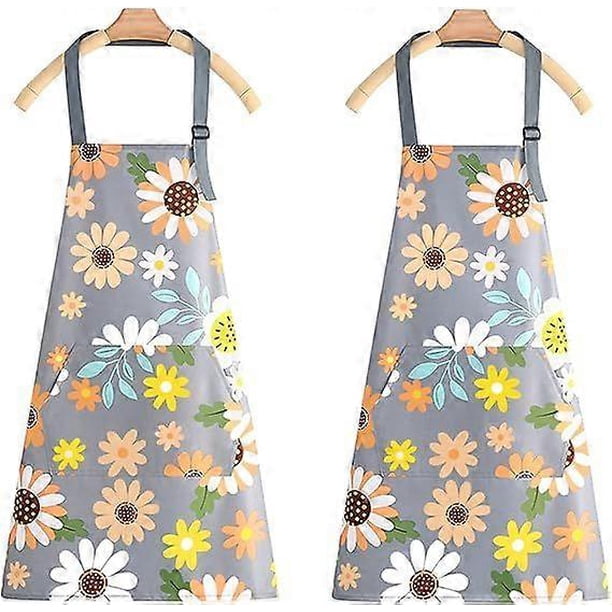 Women's Waterproof Kitchen Apron, 2 Pack Floral Aprons with Pockets, Adjustable Women's Aprons for Kitchen Cooking Chef