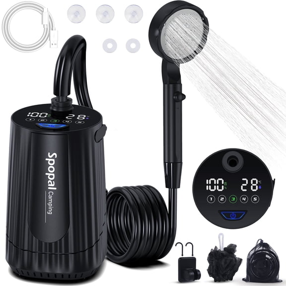Portable Camping Shower - 10000mAh Rechargeable, 5-Speed, IPX8 Waterproof, LED Display Camp Shower Pump- Perfect for Hiking, Travel, Cars & Pets Black