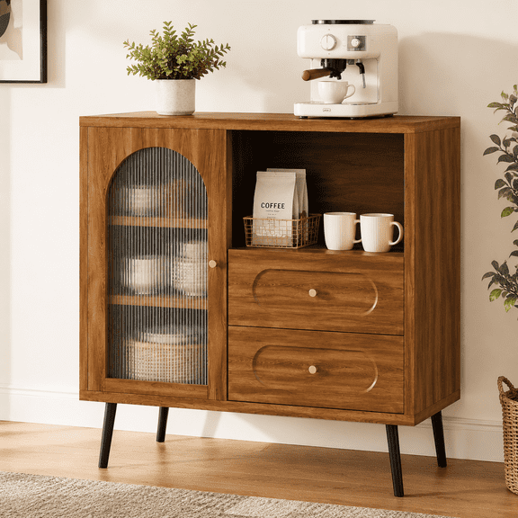 Doyolan Farmhouse Sideboard Buffet Cabinet, Kitchen Storage Cabinet with 2 Drawers and Adjustable Shelves, Entryway Accent Cabinet, Coffee Bar Cabinet for Dining Room Living Room