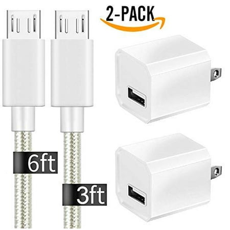 USB Charger, Certified 5V Wall Charger Portable Adapter with 2-Pack 3FT+ 6 FEET Micro USB Nylon Braided High-Speed Cable for Samsung, LG, Motorola, Nexus, HTC, Google, Sony, Android and More