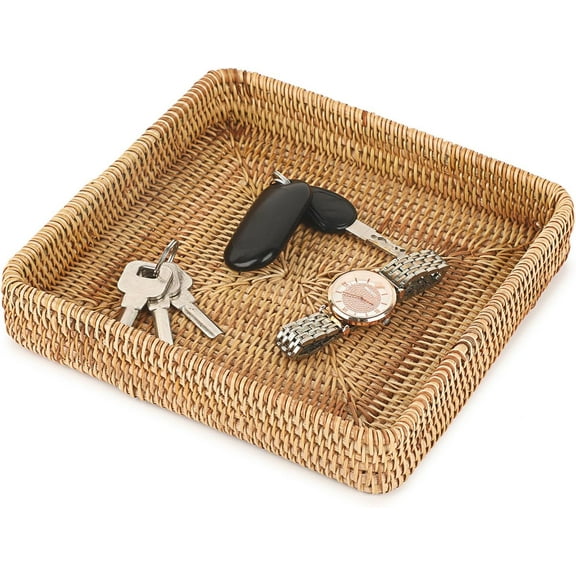ABCISI Key Basket Tray for Entryway Table, Rattan Serving Tray Handwoven Wicker Baskets Vanity Trays Square Decorative Fruit Trays for Kitchen Counter Bedside Living Room Bathroom, 8.1"