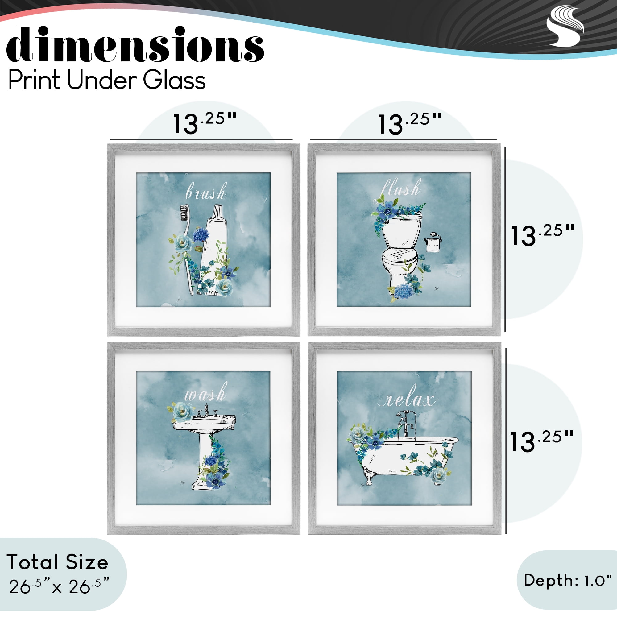 Stupell Industries Blue Floral Bathroom Rules 4 Piece Gray Framed Print Under Glass Set, design by Nan