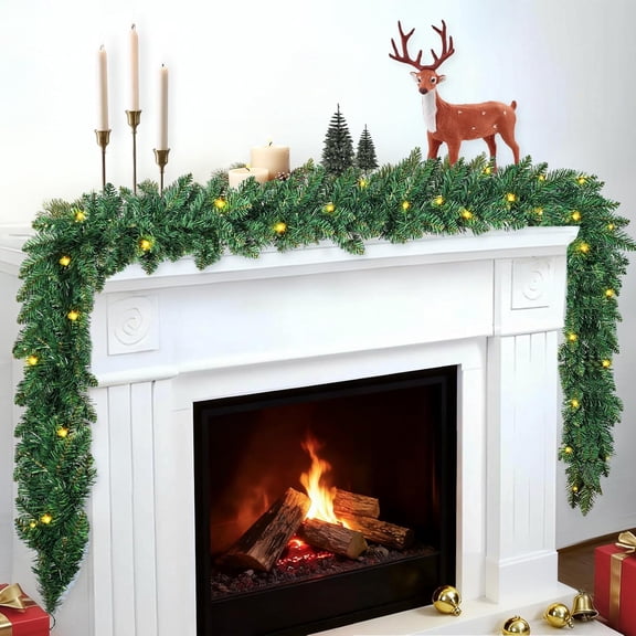 JEWLALO 9FT Christmas Garland with LED, 8 Lighting Modes Battery Operated, Waterproof, Branch Tips Garlands with Warm White Lights for Stairs, Door, Window, Indoor Outdoor Holiday Decorations