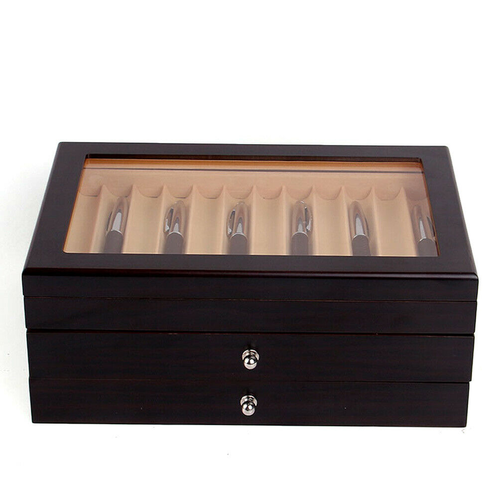 3 Layers 34 Slots Wooden Fountain Pen Display Storage Box Black Unisex