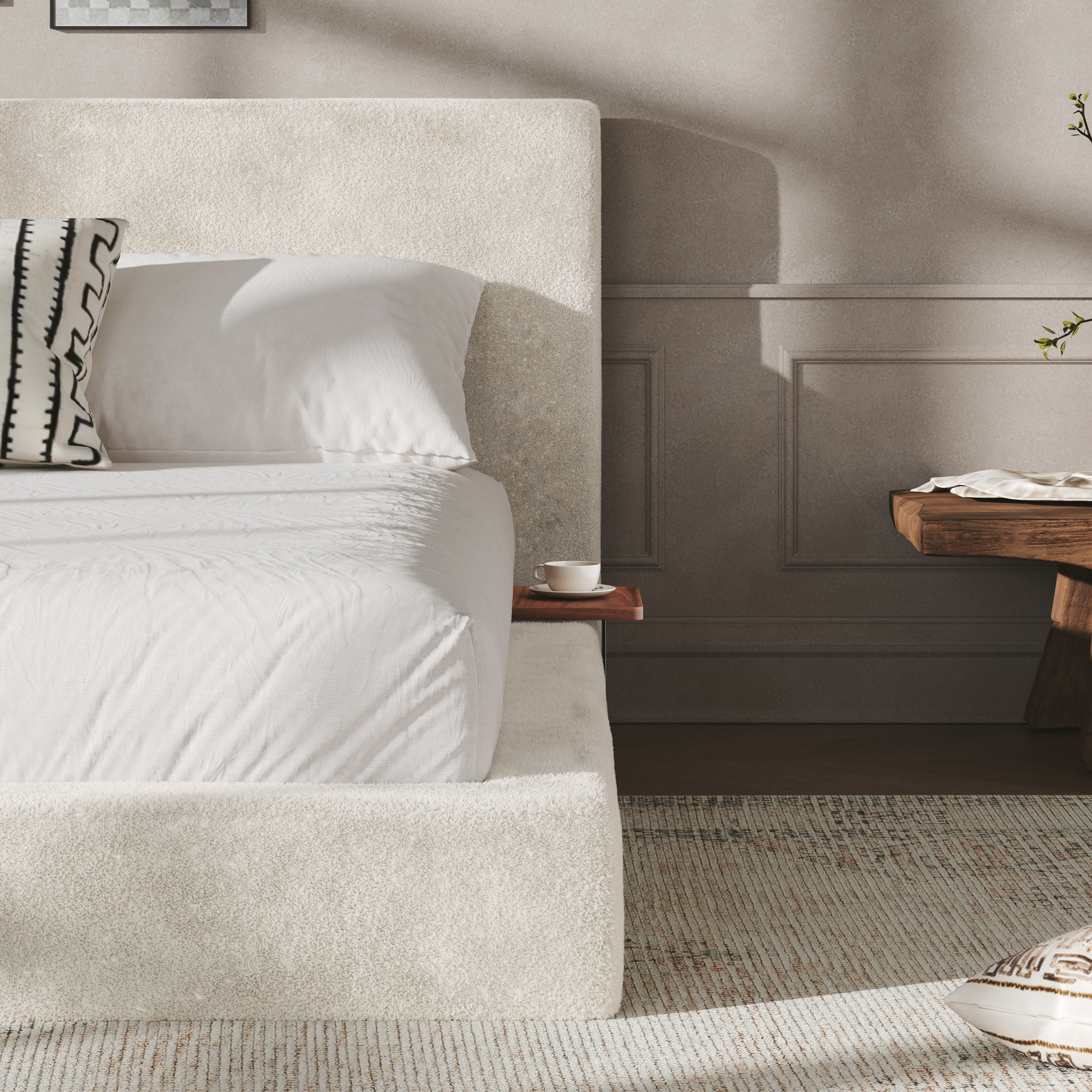 Howcool King Size Low Profile Bed Frame with Adjustable Sliding Side Table,Upholstered Bed,No Box Spring Needed,Easy Assembly