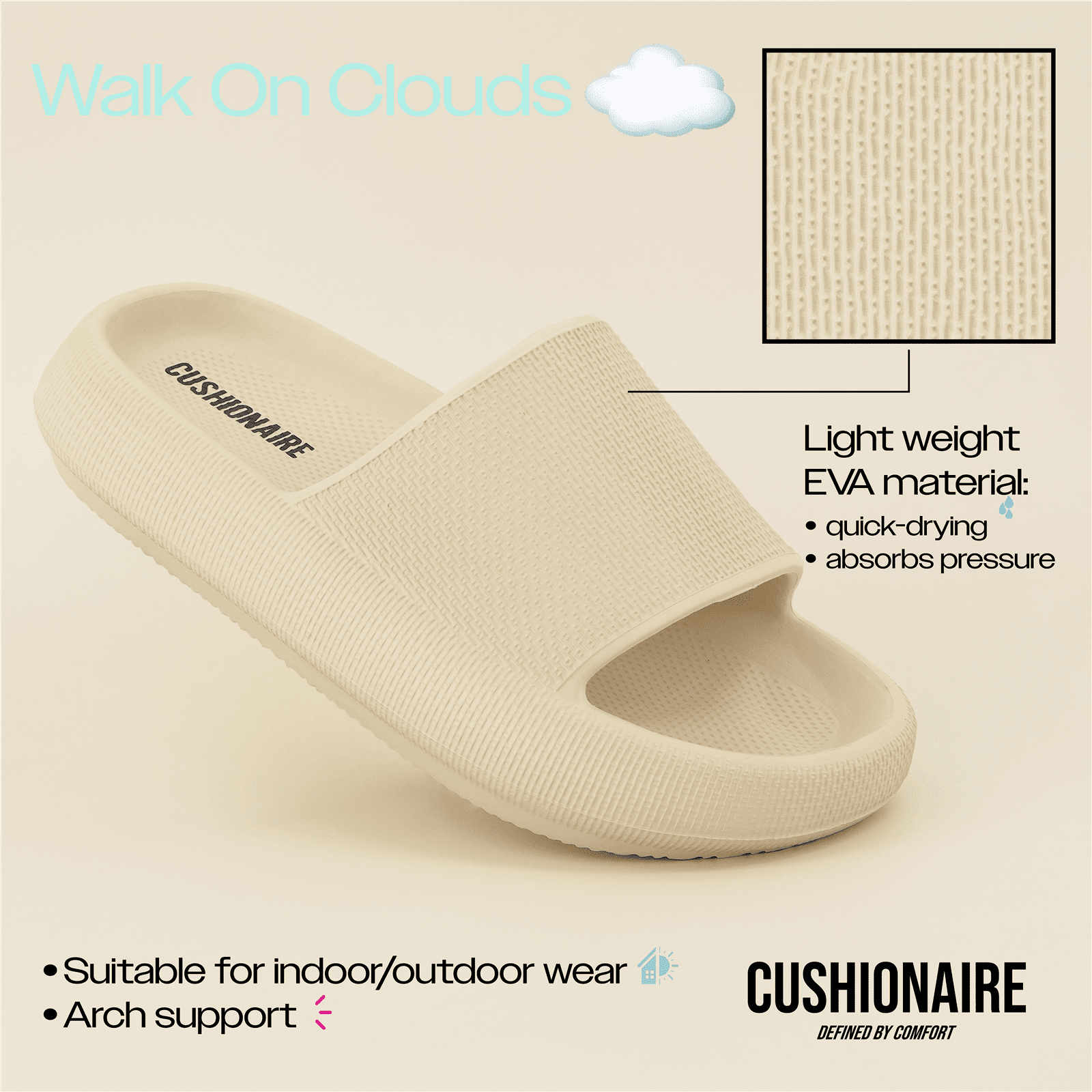 Cushionaire Women's Waterproof Feather Recovery Slide Sandal. Khaki, 8