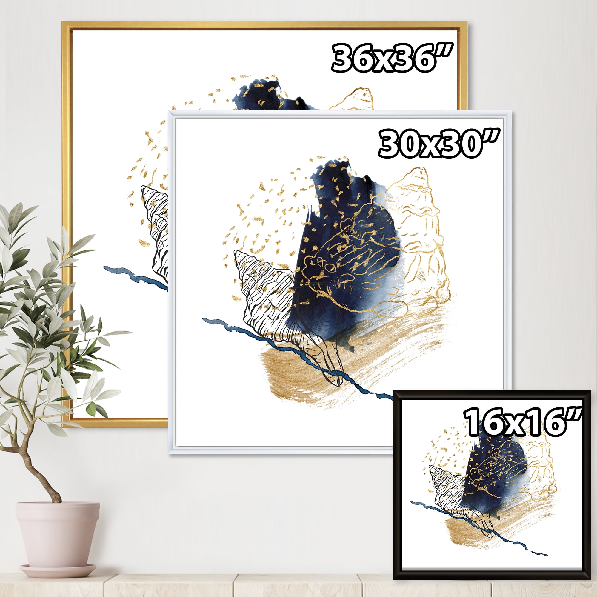 Underwater Marine Life With Gold Shell Line Art 30 in x 30 in Framed Painting Canvas Art Print, by Designart
