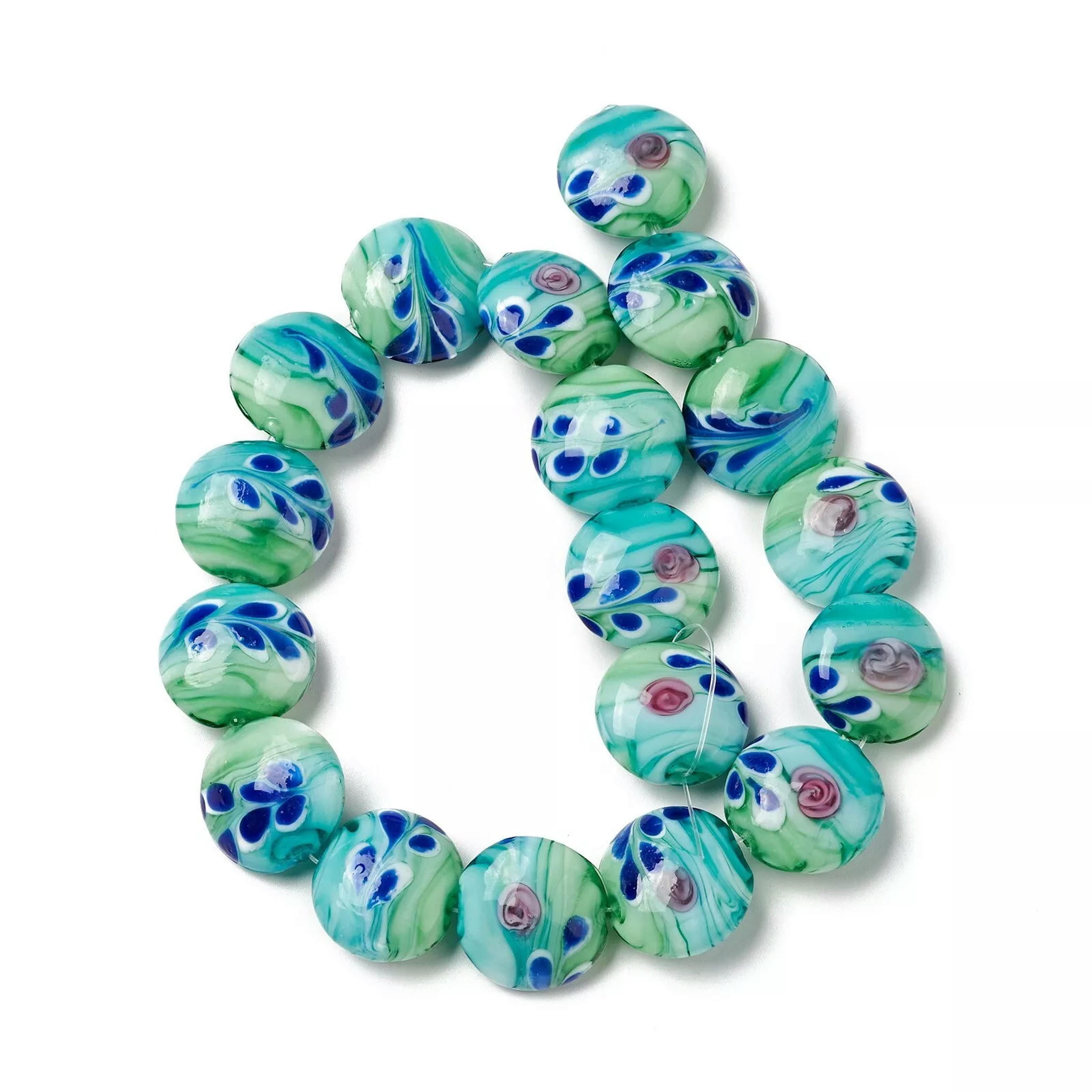 EOEMY 1Strand Handmade Lampwork Flat Round With Flower Medium Turquoise Beads 20X10mm