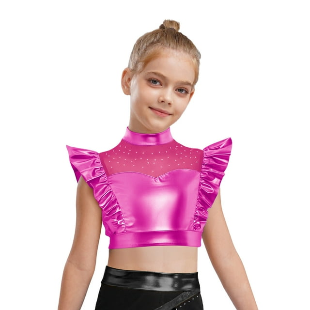 Hansber Hauts Courts à Volants pour Filles, Patchwork en Maille Brillante, Danse de Rue Hip Hop, Costume de Performance, Rose Vif 10
