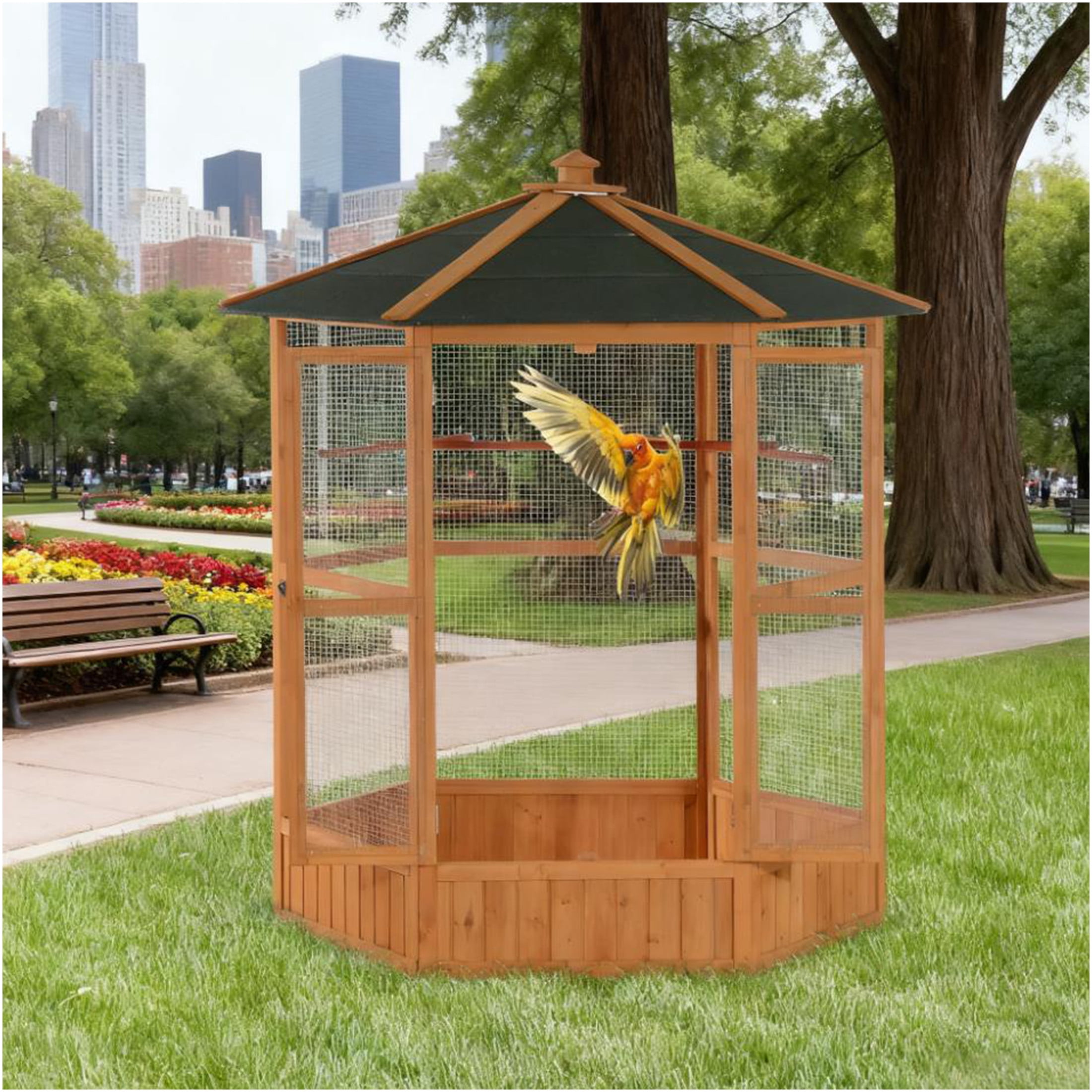 JERFIT 69" Large Hexagon Wooden Bird Cage Outdoor & Indoor Aviary with Lock, Waterproof Roof for Parakeets Finches Canaries