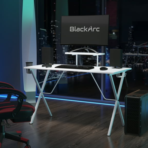 BlackArc Gaming Desk with White Laminate Top and White Steel Frame - Detachable Cupholder, Headphone Hook & Smartphone/Monitor Stand