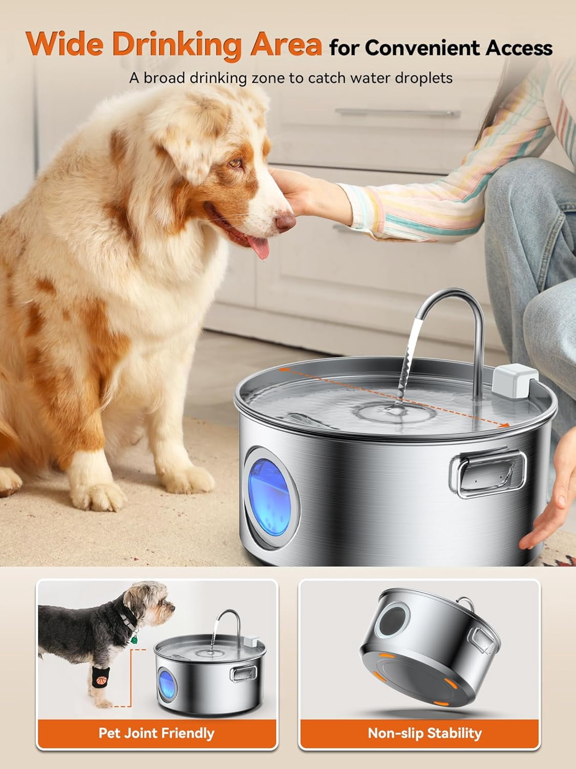 Stainless Steel Dog Water Fountain 3.2Gal with Visible Window and 7 Filters for Large Dogs