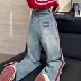 thumbnail image 5 of Women High Waist Wide Leg Jeans Contrast Stripe Embroidery Straight Trousers for Spring Fall Daily, 5 of 6