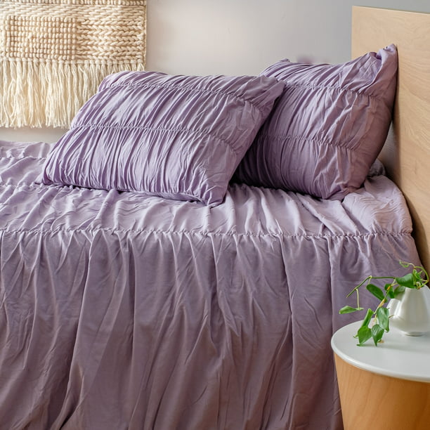 Dawn 3 Piece Comforter Set In Ruched, Lavender King Size Bedding