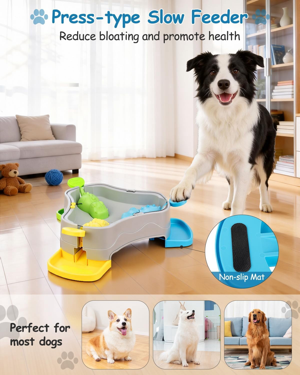 3-in-1 Press-Type Dog Treat Dispenser Puzzle Toy with No-Slip Slow Feeder for Interactive Brain Training and Enrichment for Smart Dogs and Cats, 3 Color Options