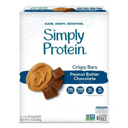 - Simply Protein Crispy Bar, Peanut Butter Chocolate, 14g Protein, 8 Ct