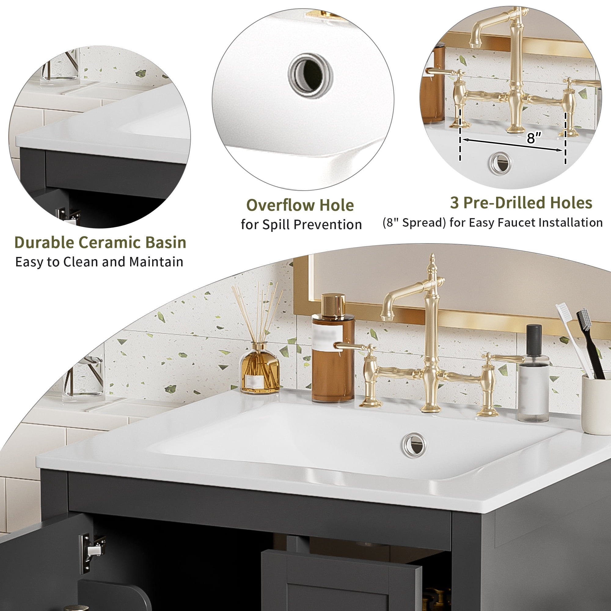 Euroco Modern 24-inch Bathroom Vanity with Ceramic Sink, Soft-Close Door, Double-Layer Door Shelf, and 3 Drawers