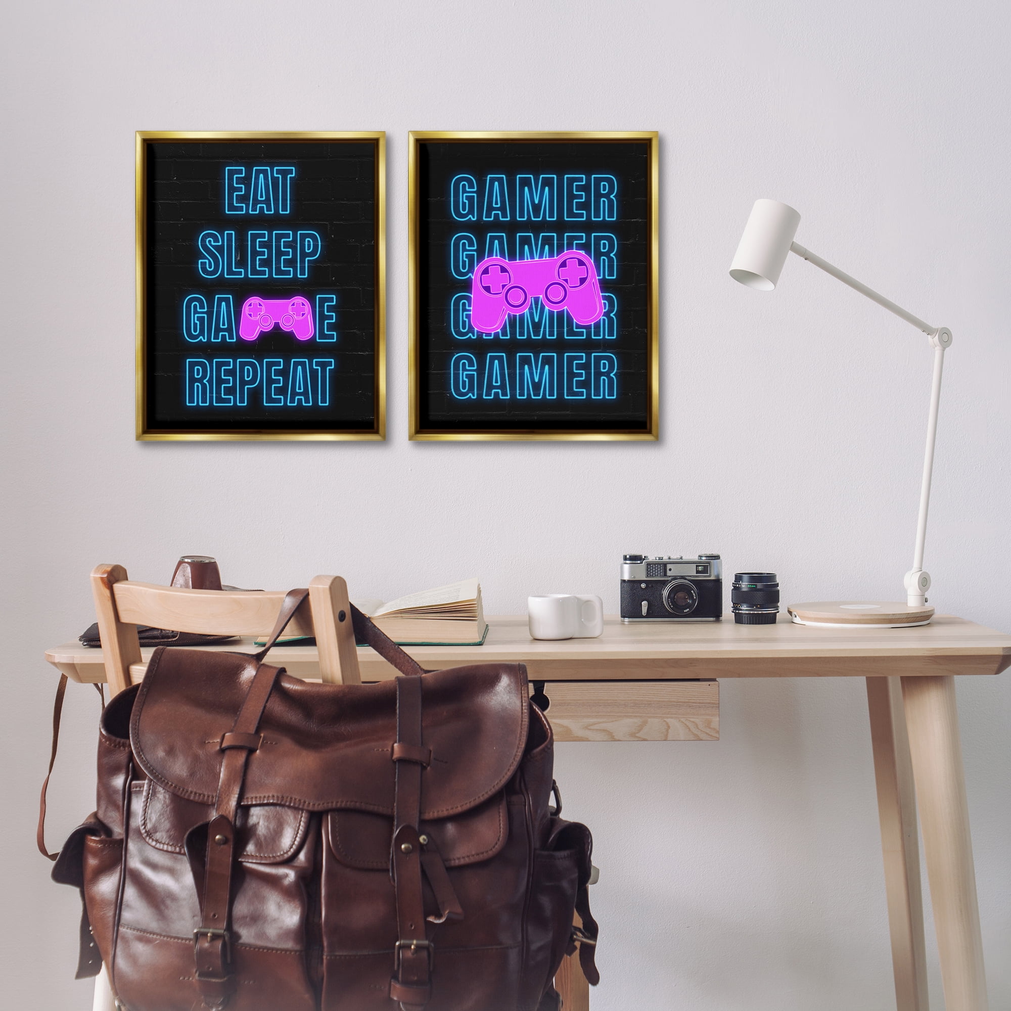 Stupell Industries Neon Gamer Eat Sleep Entertainment Painting Gold Floater Framed Canvas Art Print Wall Art, 17 x 21, Set of 2
