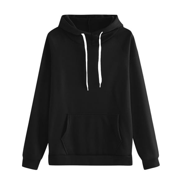 Women's Plus Size Solid Color Drawstring Hooded Sweatshirt,Autumn Winter Fashion Thermal Plush Oversized Pullover with Pockets,Casual Streetwear Loungewear Top for Daily Wear,Holiday Outfits Black L