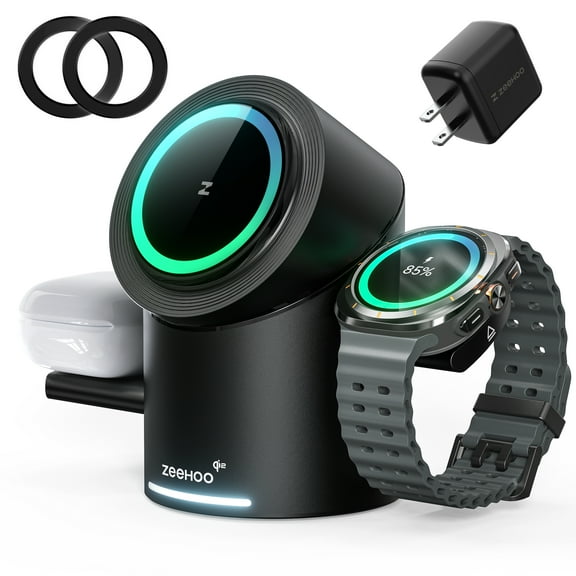 ZEEHOO 3 in 1 Charging Station for Samsung, Wireless Charger Stand, Qi2 15W Fast Charging for Samsung Galaxy, Galaxy Watch, Galaxy Buds (Black)
