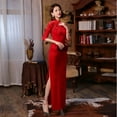 thumbnail image 6 of Red 3/4 Sleeve Long Cheongsam Velvet Slim Mother Dress Elegant Traditional Evening Dresses Qipao, 6 of 9