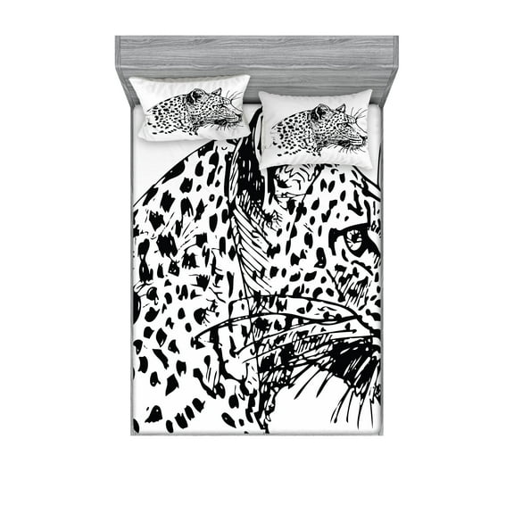 Ambesonne Animal Fitted Sheet & Pillow Sham Set, Jaguar Sketch Wildlife, Full, White and Black