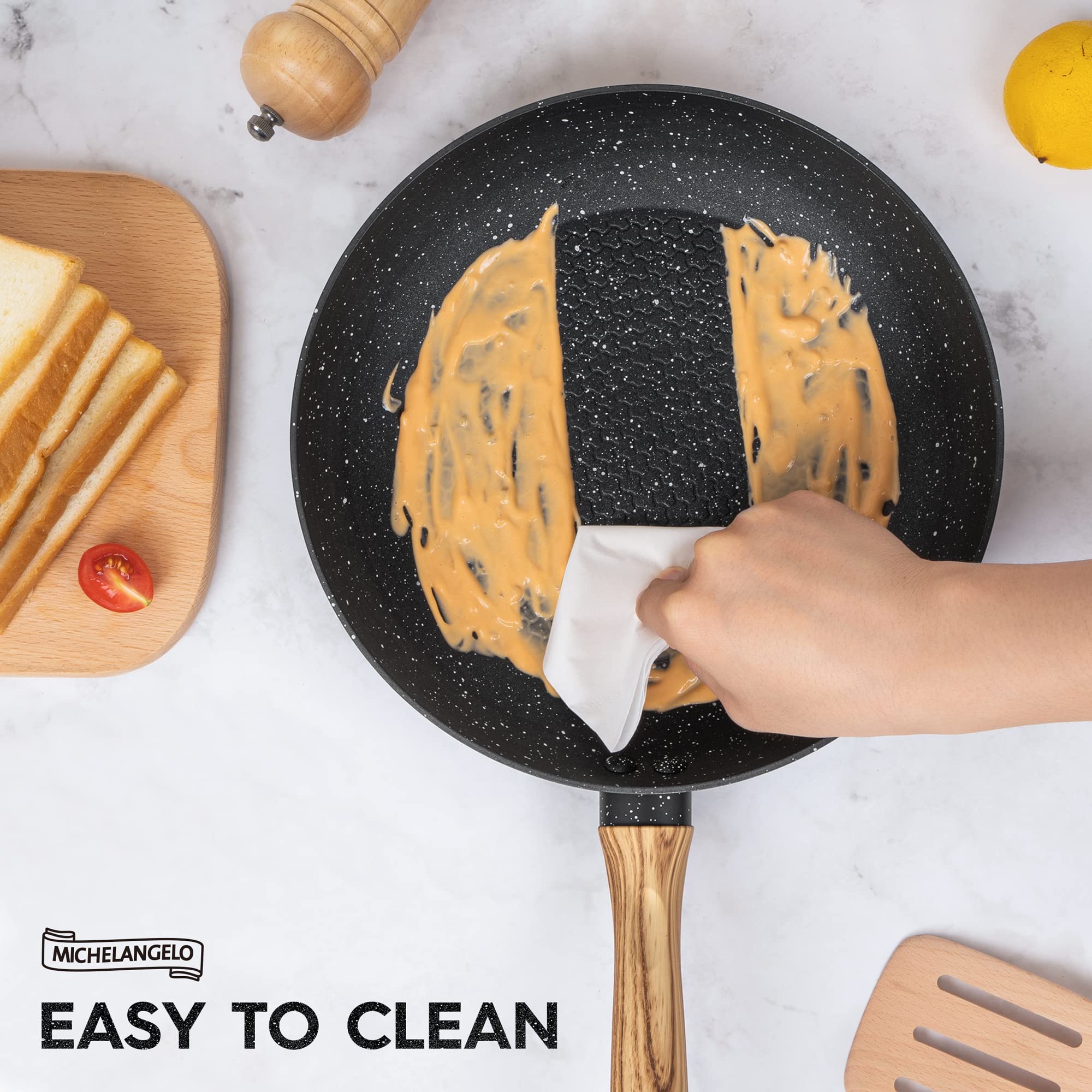 MICHELANGELO 8 Inch Stay-Cool Handle Induction Compatible Frying Pan with Healthy Nonstick Coating Lid