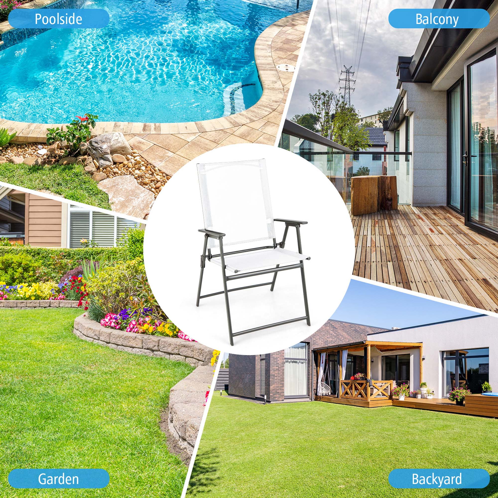 Costway 2 PCS Patio Folding Portable Dining Chairs Metal Frame Armrests Outdoor White
