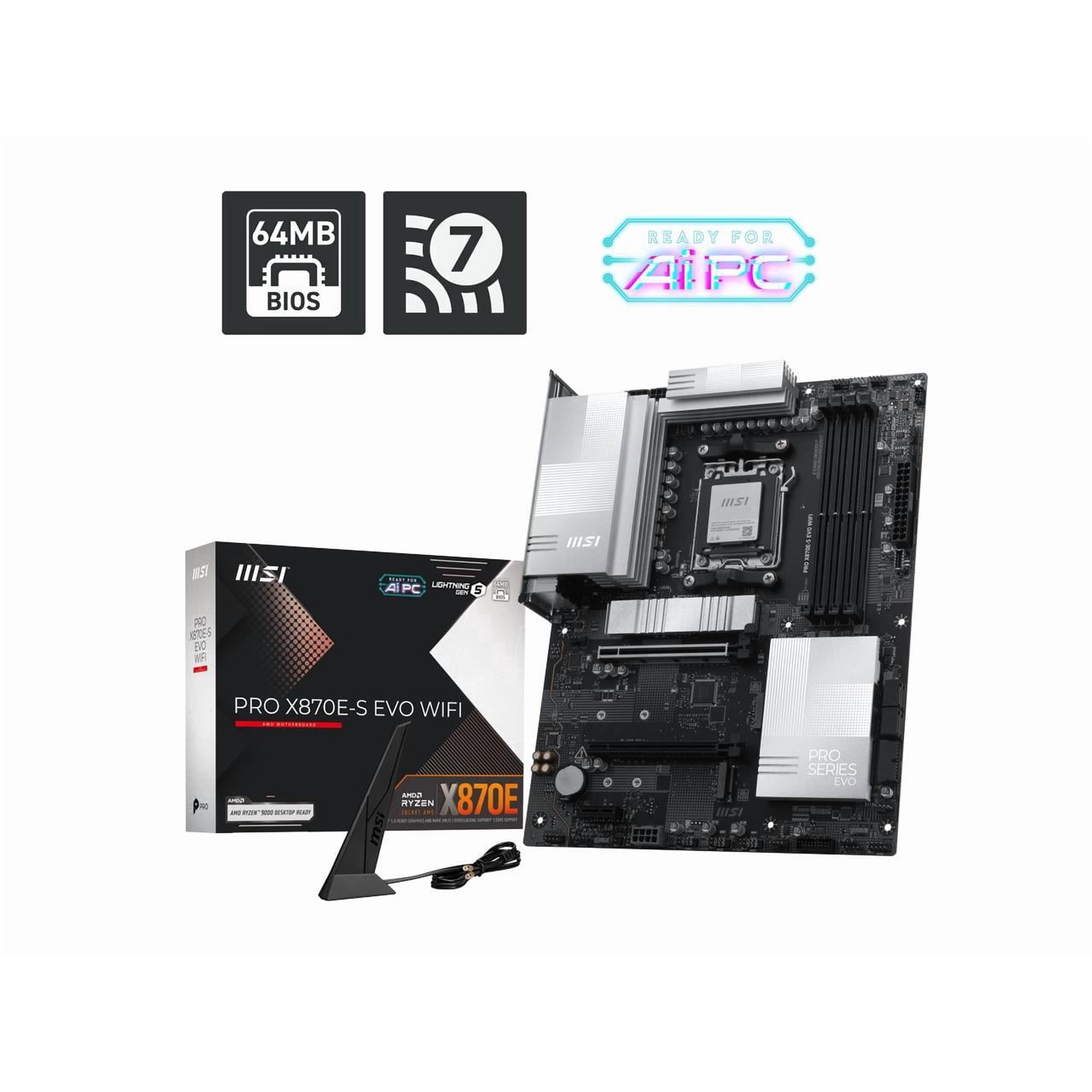 MSI PRO X870E-S EVO WIFI ATX AM5 Motherboard, USB 4.0, 4x SATA 6Gb/s, AMD Wi-Fi 7, USB 4.0