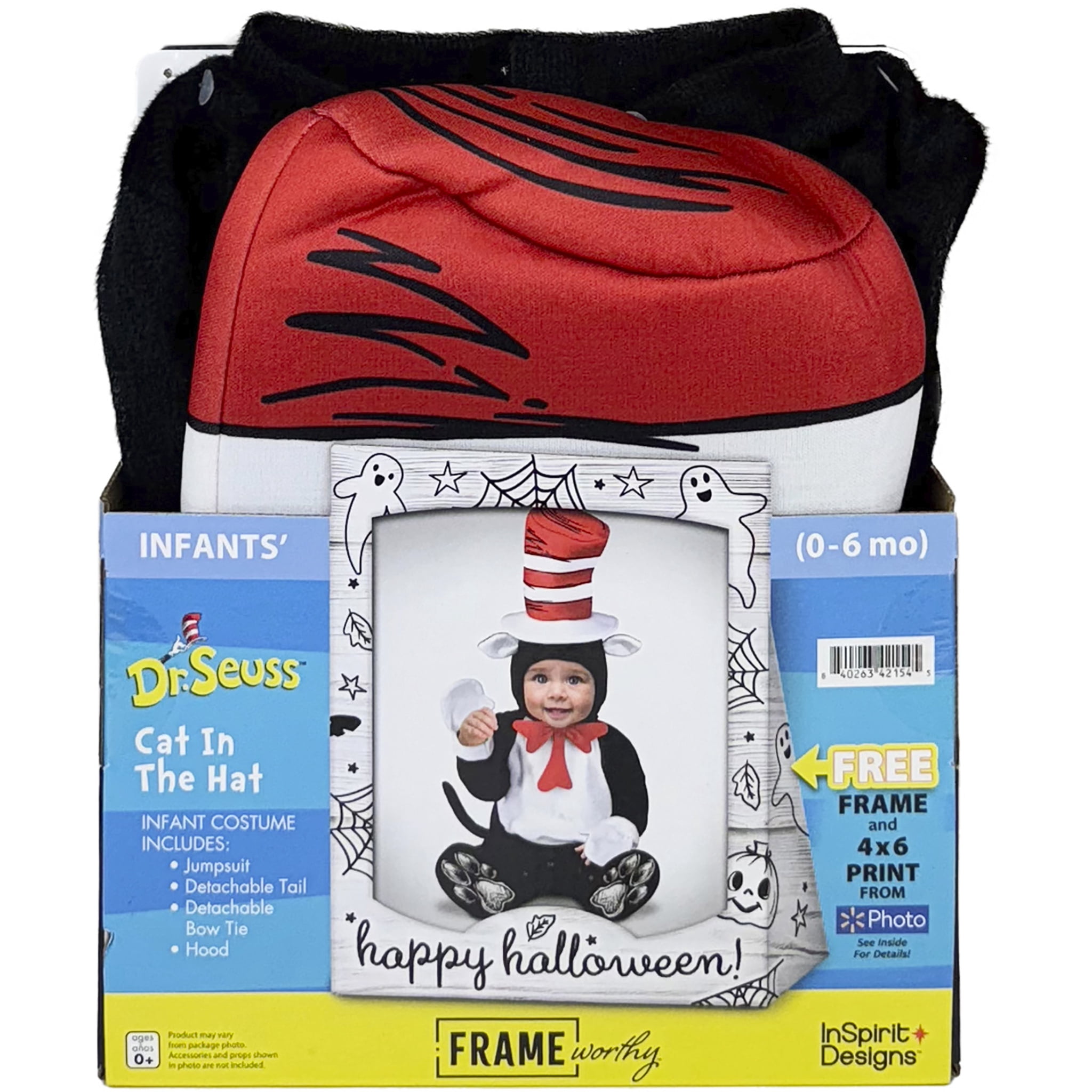 Dr.Suess Cat in the Hat 4pc Halloween Costume for Infants, Size 0-6M, by Inspirit, Free Frame Worthy 4x6 Print