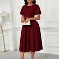 thumbnail image 2 of AURA Womens High Waist A Line Midi Dress Puff Sleeve Round Neck Solid Color Belted Elegant Summer Dress with Zipper, 2 of 10