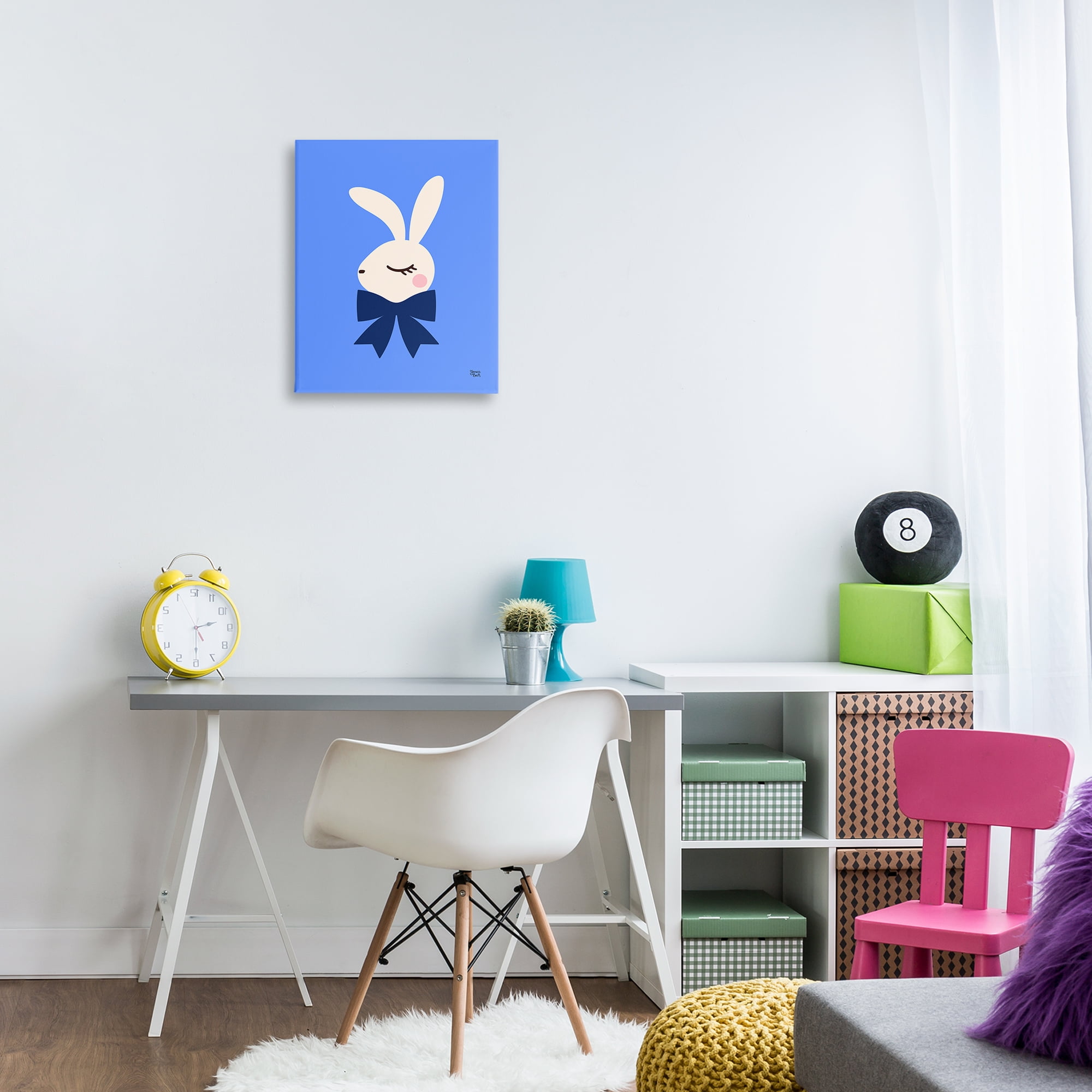 Stupell Industries Rabbit with Ribbon on Blue Animals Painting Wrapped Canvas Art Print Wall Art, 16 x 20