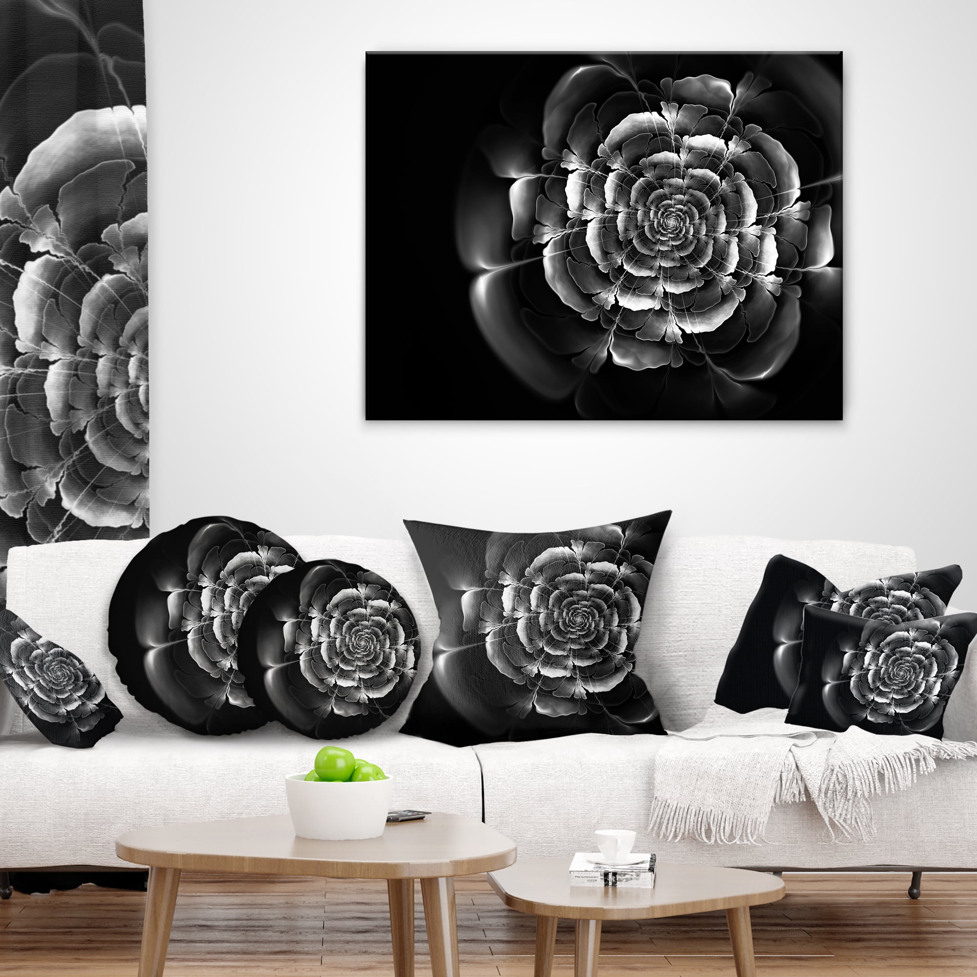 Designart Fractal Silver Rose in Dark - Floral Throw Pillow - 18x18