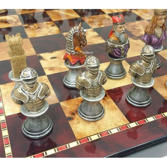 Medieval Times Crusades Busts PAINTED Chess Set W/ 18" Cherry Color Board