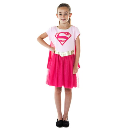 Little Girls Supergirl Costume Dress w/ Cape Pink Cosplay