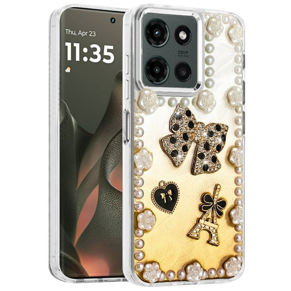 Case for Motorola Moto G Stylus 5G 2025 Bling Fashion Design with 3D Pearls Epoxy Glitter Ornaments Chrome Edge Hard Slim PC, XPM Phone Cover fit Moto G Stylus 5G 2025 [Bow Gold]