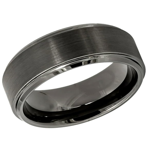 Free Engraving Personalized Custom Engraving Men's Women's Tungsten Wedding Band 8mm Gun Metal IP Plated Brushed Center High Polish Stepped Beveled EdgeSZ: 12.5