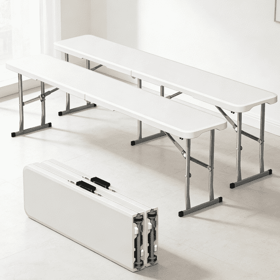 OROFULL 6FT Plastic Folding Bench 2 Pack, HDPE Portable Foldable Bench with Steel Frame for Outdoor Camping Picnic Party Dining, White