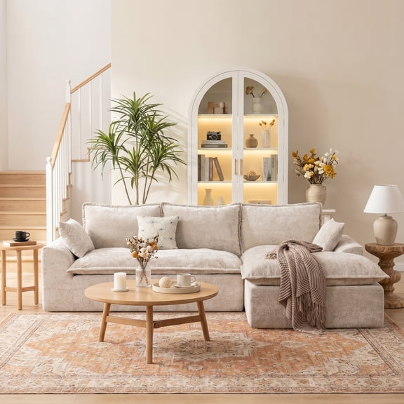 LEHZROAJ 103" Chenille Compressed Sofa,L Shaped Sectional Couch Pillows No Assembly Required for Living Room(Beige,Right)