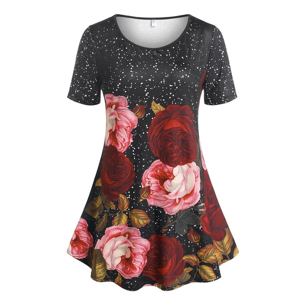 Camiseta Lunares Diseño Impreso Floral Tamaño Grande Rosegal Camisetas tallas grandes