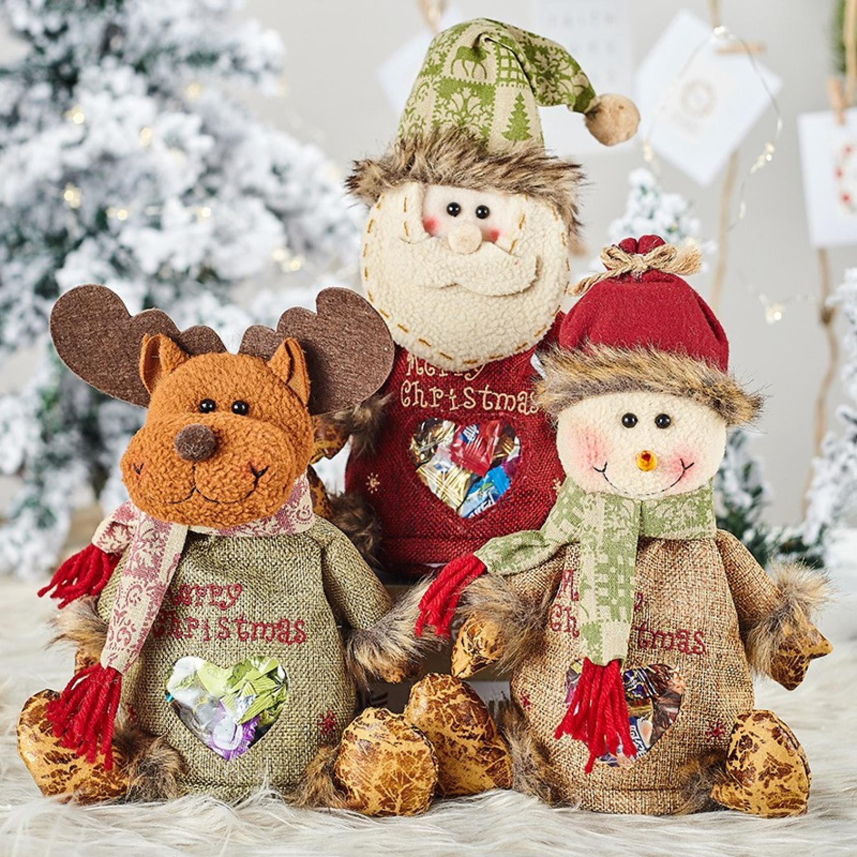 Christmas Zipper Gift Bags - 6 Pack Reusable Fabric Bags With Santa, Snowman, Reindeer Designs (30x22cm)