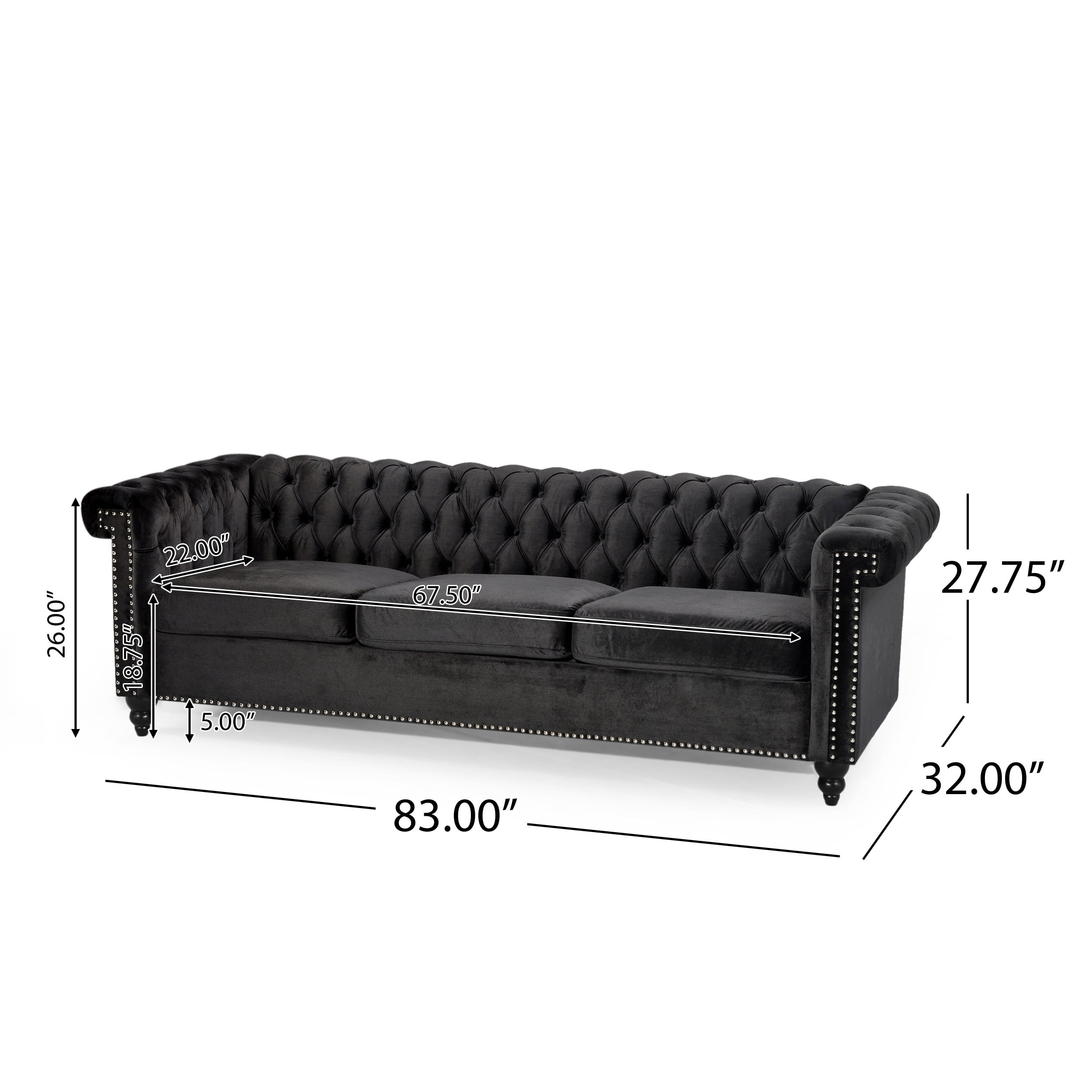 Noble House Kabella Botton Tufted Sofa, Black, Dark Brown