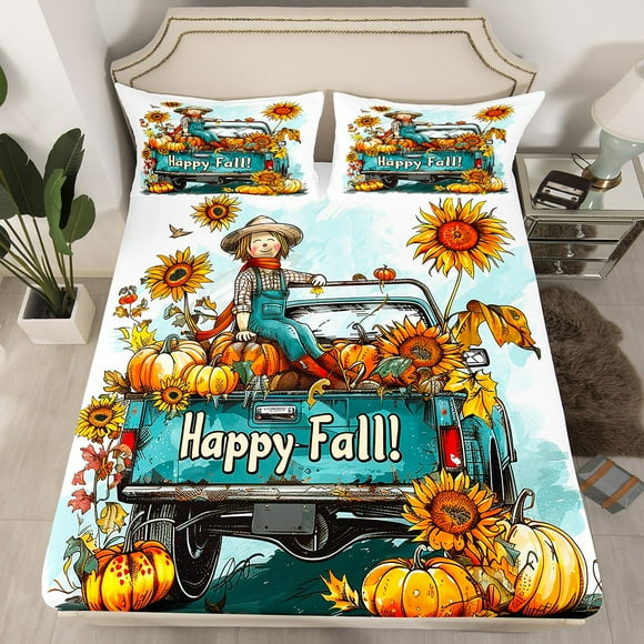 Erosebridal Cartoon Scarecrow Fitted Sheet Queen,Rustic Farm Truck Bedding Set Queen Size,Orange Pumpkin Fitted Sheet Set Queen,Ultra Soft Room Decoration,3-Piece(No Top Sheet)