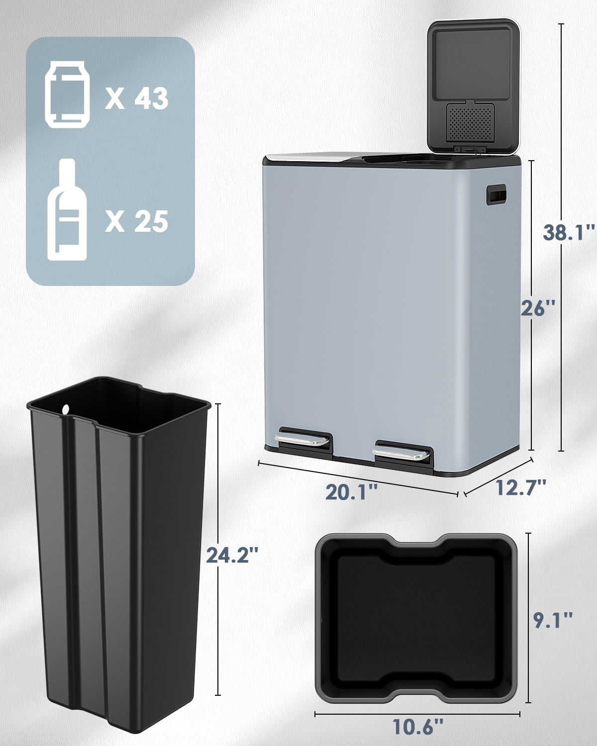 LAZY BUDDY 16 Gallon Kitchen Trash Can with Dual Compartments, Stainless Steel Recycling Step Trash Can with Soft-Close Lid, for Home Office