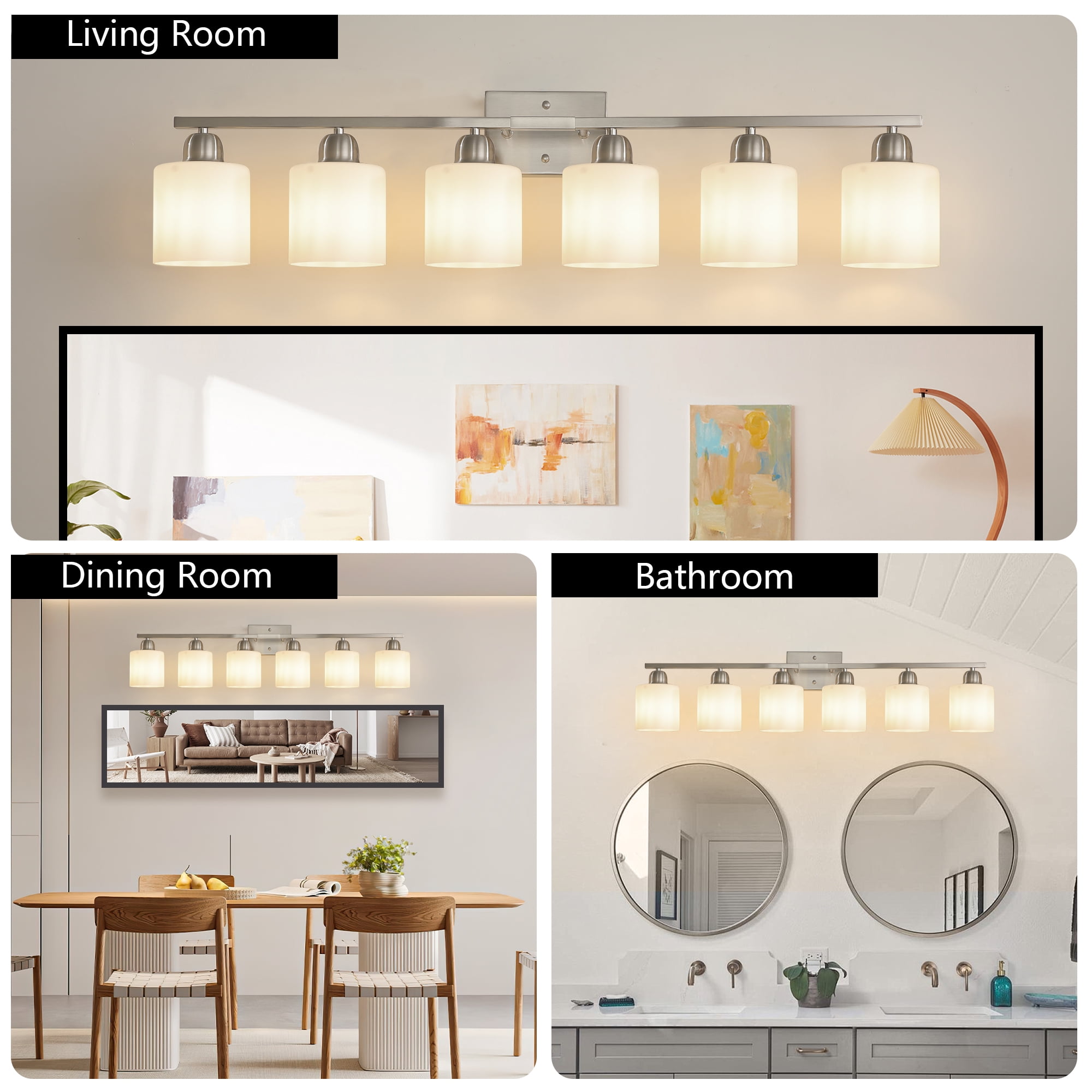 Jopath 6-Light Modern Vanity Light Over Mirror, Wall Sconces with Milky White Frosted Glass Shades for Bathroom, Hallway, or Bedroom Nickel (Bulbs Not Included)