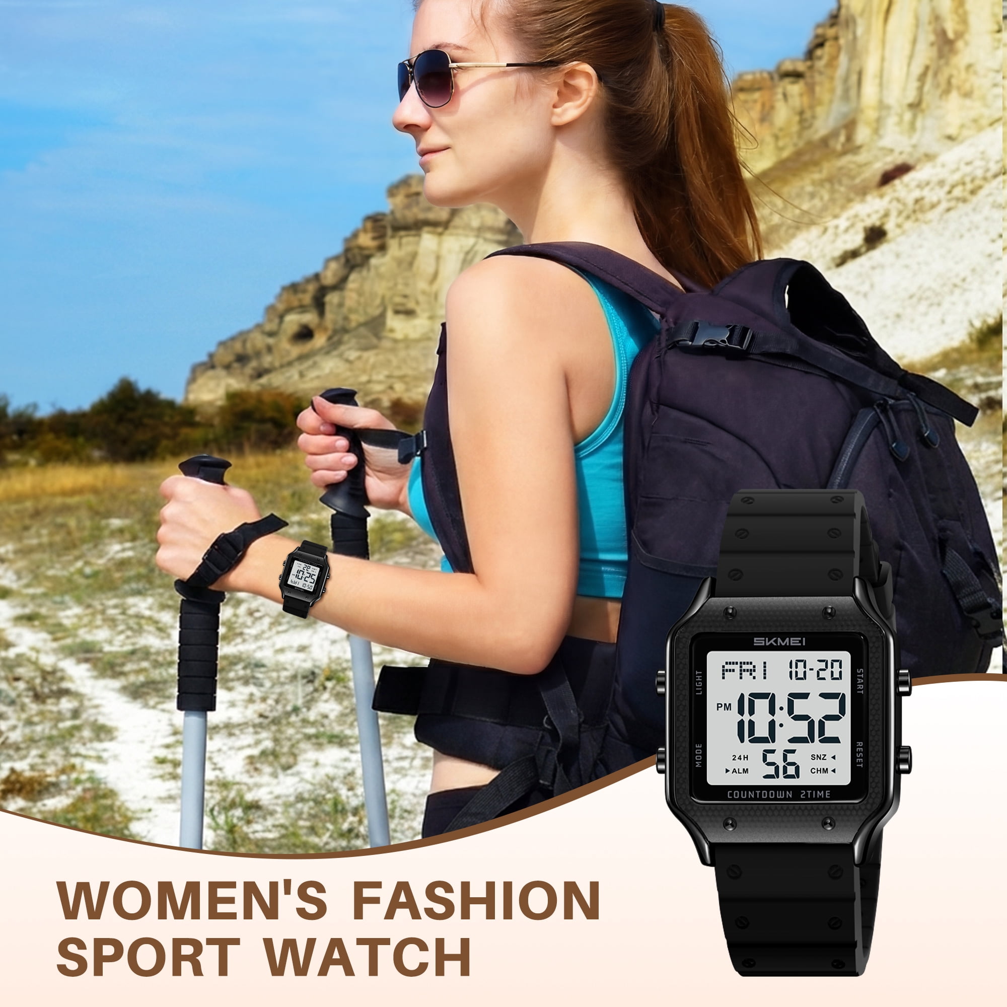 SKMEI Watches for Women Outdoor Sport Digital Watch Waterproof Chronograph Womens Wristwatch with Alarm/Back Light/Dual Time