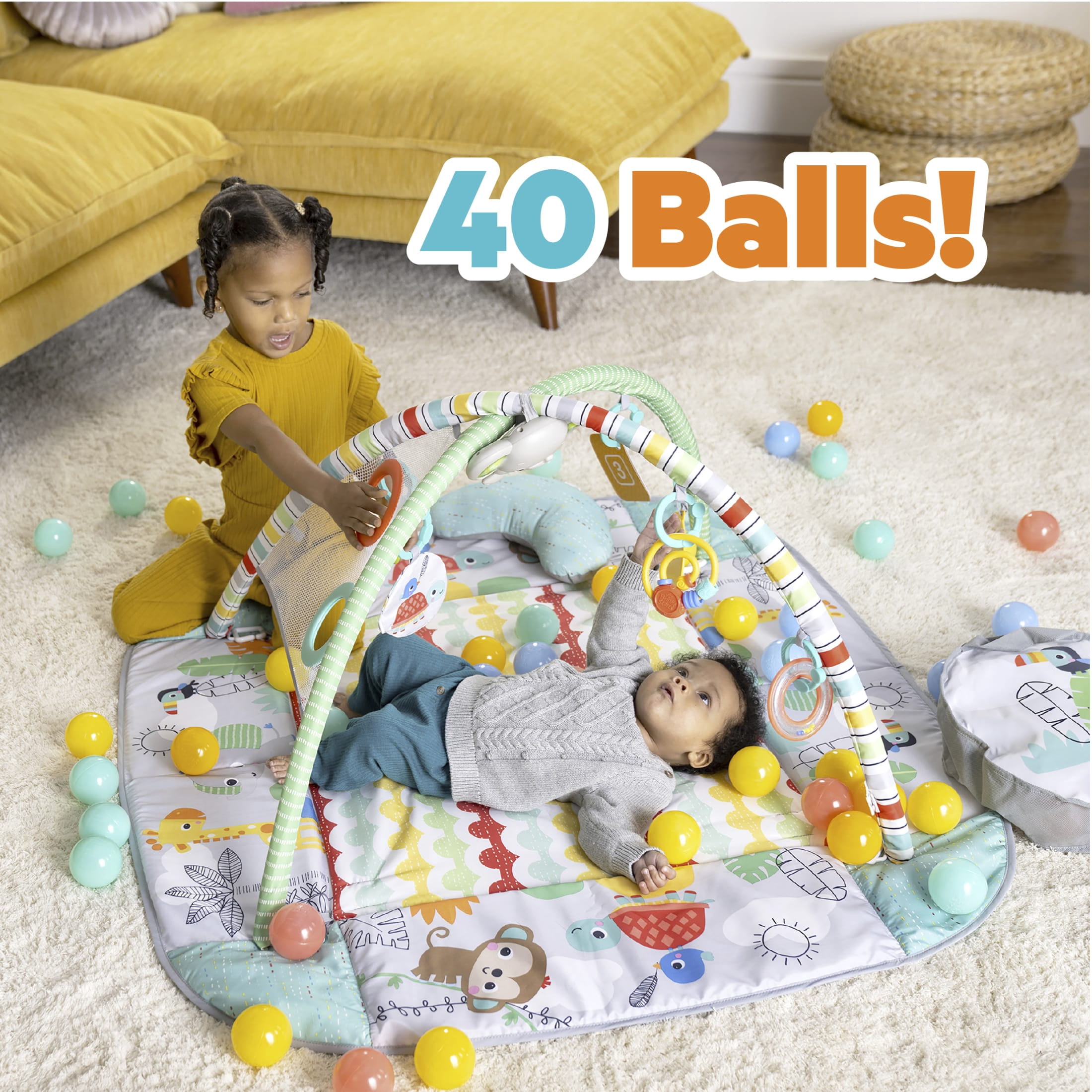 Bright Starts 5-in-1 Your Way Ball Play - Jumbo Play Mat Converts to Ball Pit Baby Gym, Newborns to Toddlers - Totally Tropical (Green)